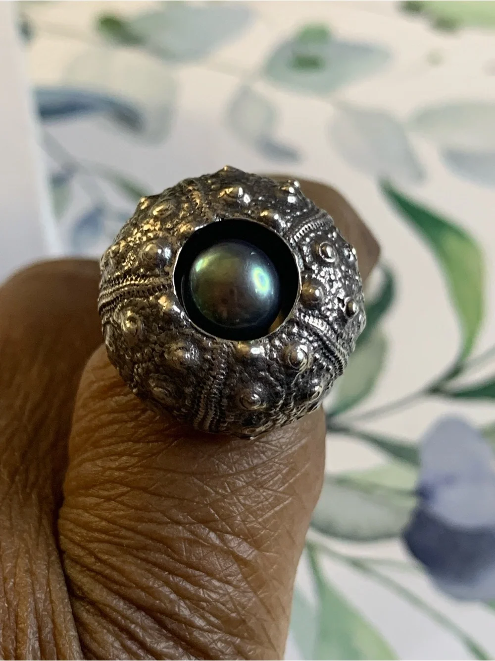 Sterling Silver Sea Urchin Style Dome  Ring with Green Center Culture Pearl